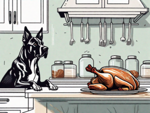 A curious dog looking longingly at a rotisserie chicken with a bone clearly visible