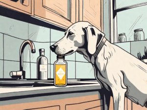 A curious dog sniffing a bottle of safflower oil placed on a kitchen counter