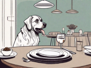 A curious dog sitting at a dining table with a salisbury steak on a plate in front of him