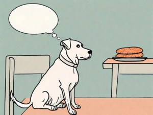 A curious dog sitting next to a table with a plate of salmon patties on it