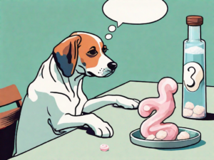 A curious dog looking at a piece of salt water taffy on a table