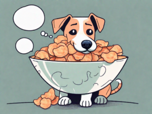 A curious dog sitting in front of a bowl filled with shrimp chips