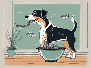 A happy dog with a smelt fish in its bowl