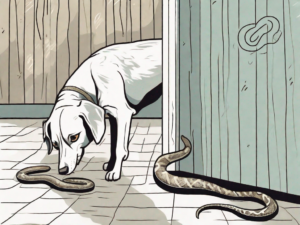 A curious dog sniffing a shed snake skin on the ground