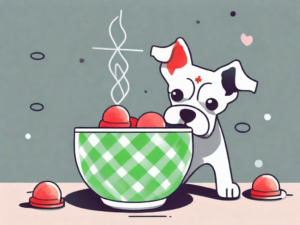 A curious dog looking at a bowl of colorful sorbet