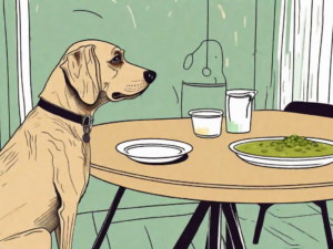 A curious dog sitting at a dining table with a bowl of split pea soup