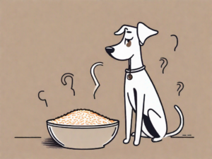 A curious dog sitting next to a bowl of spanish rice