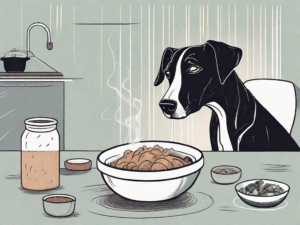 A concerned dog sitting in front of a steaming bowl of food