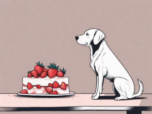 A curious dog looking at a piece of strawberry shortcake on a table