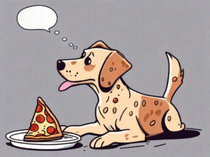 A curious dog looking at a slice of stuffed crust pizza on a plate