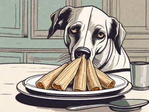 A curious dog sniffing at a plate of tamales