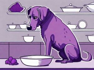 A curious dog sniffing at a dish of vibrant purple ube