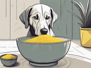 A curious dog sitting in front of a bowl filled with yellow rice