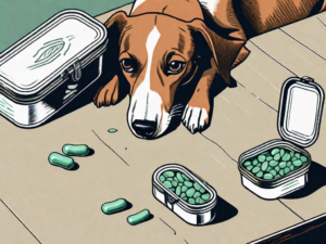 A curious dog sniffing an open altoids tin on a table