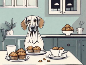 A curious dog sitting next to a table with a plate of banana nut muffins on it