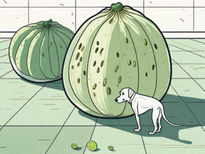 A curious dog looking at a whole and sliced bitter melon on the floor