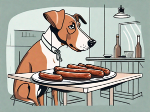 A curious dog looking at a plate of bratwurst sausages on a table