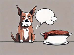 A curious dog sitting in front of a plate with a piece of brisket on it