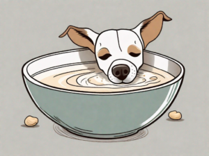 A curious dog sniffing a bowl of cashew milk