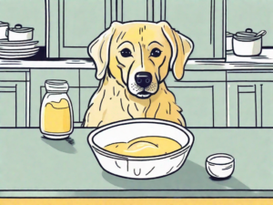 A curious dog looking at a bowl of custard