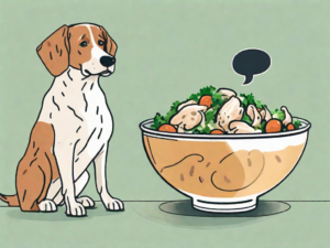 A curious dog sitting next to a bowl of chicken salad