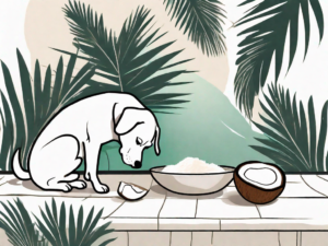 A curious dog sniffing a bowl of coconut sorbet placed on the ground