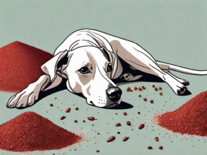 A curious dog sniffing a spilled pile of crushed red pepper on a kitchen floor