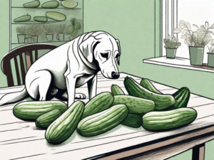 A curious dog sniffing a pile of cucumbers on a table