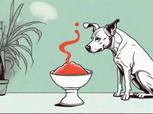 A curious dog sniffing a bowl of chamoy