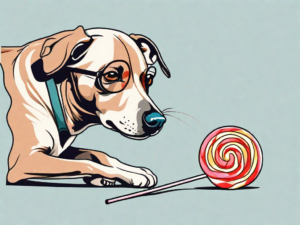 A curious dog sniffing a dha dum lollipop lying on the ground