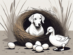 A curious dog sitting next to a nest with a couple of duck eggs in it