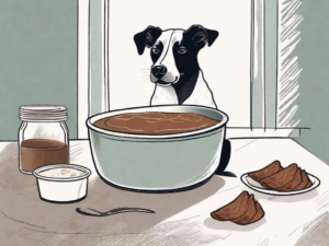 A curious dog sitting by a bowl of chicken liver pate