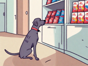 A curious dog looking at an open packet of gushers fruit snacks