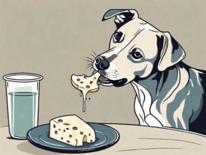 A curious dog sniffing a piece of gorgonzola cheese on a plate