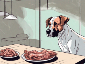 A curious dog looking at a plate of gyro meat on a table