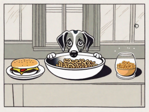 A curious dog looking at a bowl of hamburger helper on a table