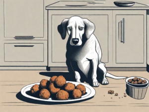 A curious dog sitting next to a plate of hush puppies