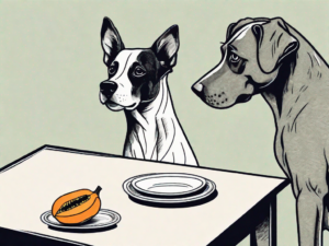 A curious dog looking at a piece of kabocha squash on a plate