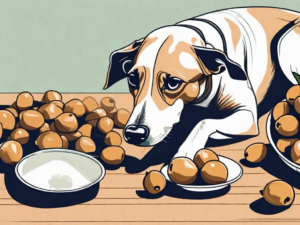 A curious dog sniffing a pile of longan fruits on a table