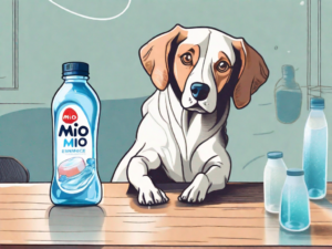 A curious dog looking at a bottle of mio water enhancer placed on a table