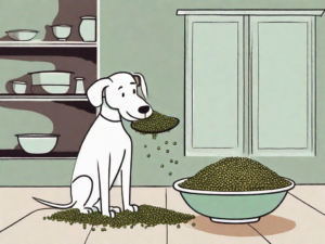 A curious dog sniffing a bowl filled with mung beans