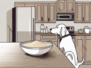 A curious dog sniffing a bowl of oat flour on a kitchen countertop