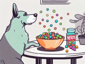 A curious dog looking at a bowl of nerds gummy clusters on a table