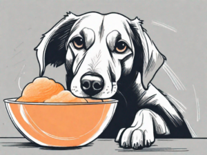 A curious dog sitting next to a bowl of orange sherbet