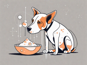 A curious dog sitting next to a bowl of yogurt with a pectin molecule structure floating above it