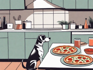 A curious dog looking longingly at a plate of pizza rolls on a kitchen counter