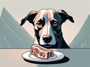 A curious dog looking longingly at a pork neck bone placed on a plate