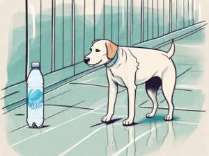 A curious dog sniffing a bottle of propel water placed on the ground