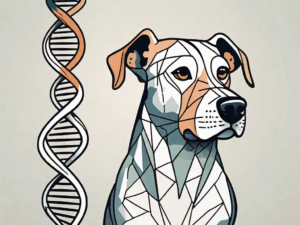 A concerned-looking dog next to a dna double helix