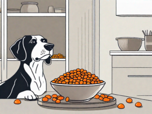 A curious dog looking at a bowl of reese's pieces with a questioning expression